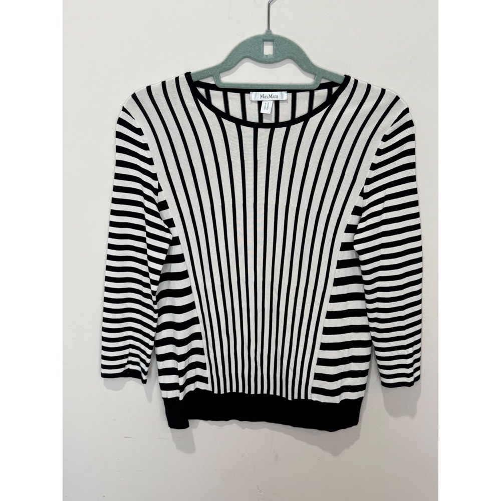 Max Mara Cream Black Striped 3/4 Sleeve‎ Top Sz S